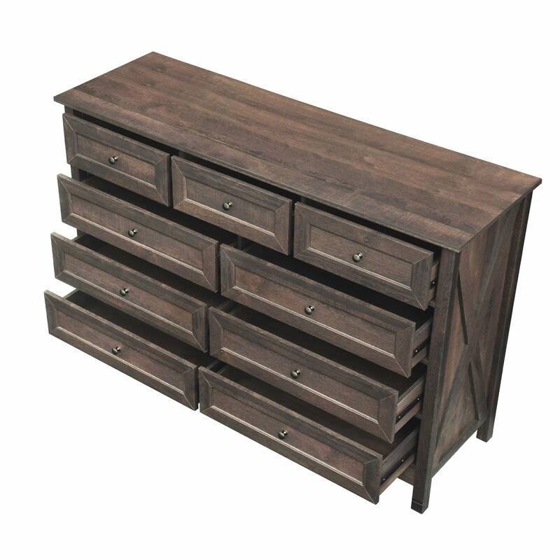 Wooden Rustic Storage Dresser with 9 Drawers and Silver Handles