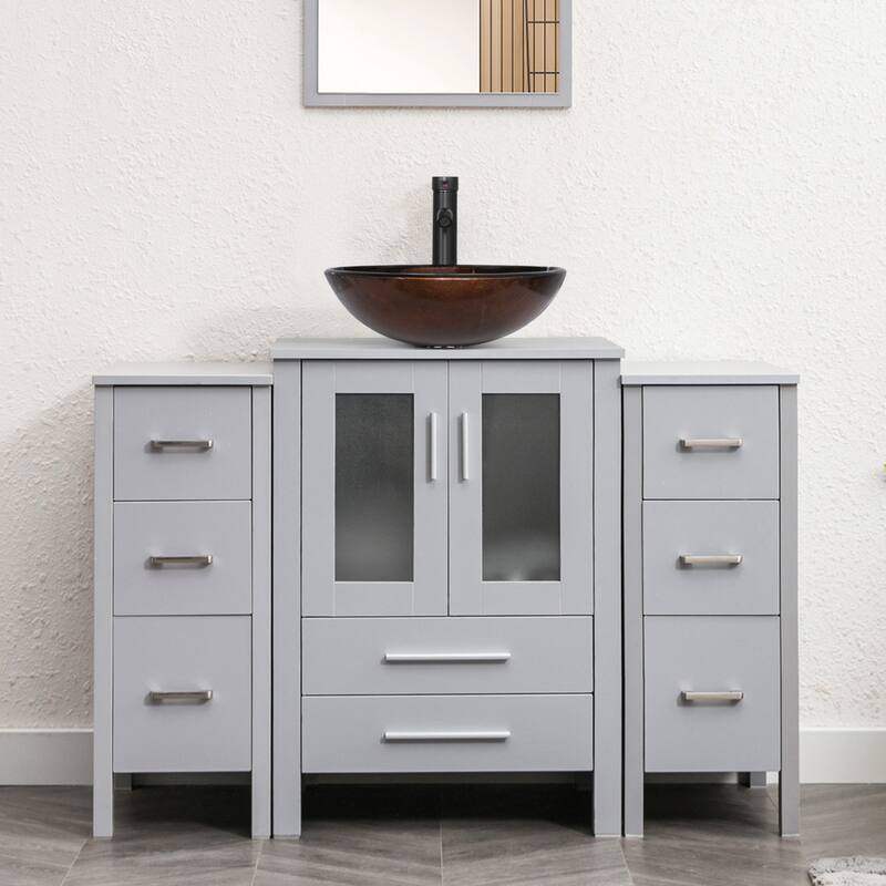 48" Bathroom Vanity Set Vessel Sink Faucet W/ Small Cabinet Combo - brown round sink - Grey
