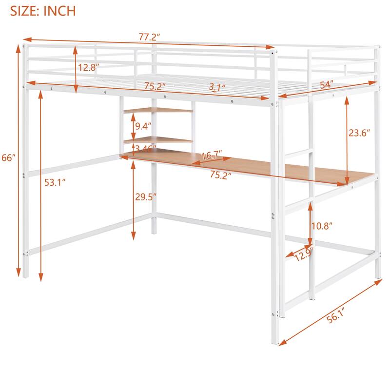 Full-Size Metal High Loft Bed with Built-in Desk&Shelf, Full Bed Frame