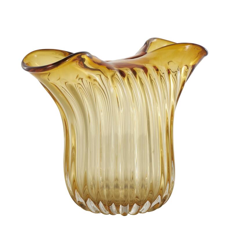 Glass Abstract Ribbed Ombre Decorative Vase with Folded Curve Opening - Orange - Roche River Decor