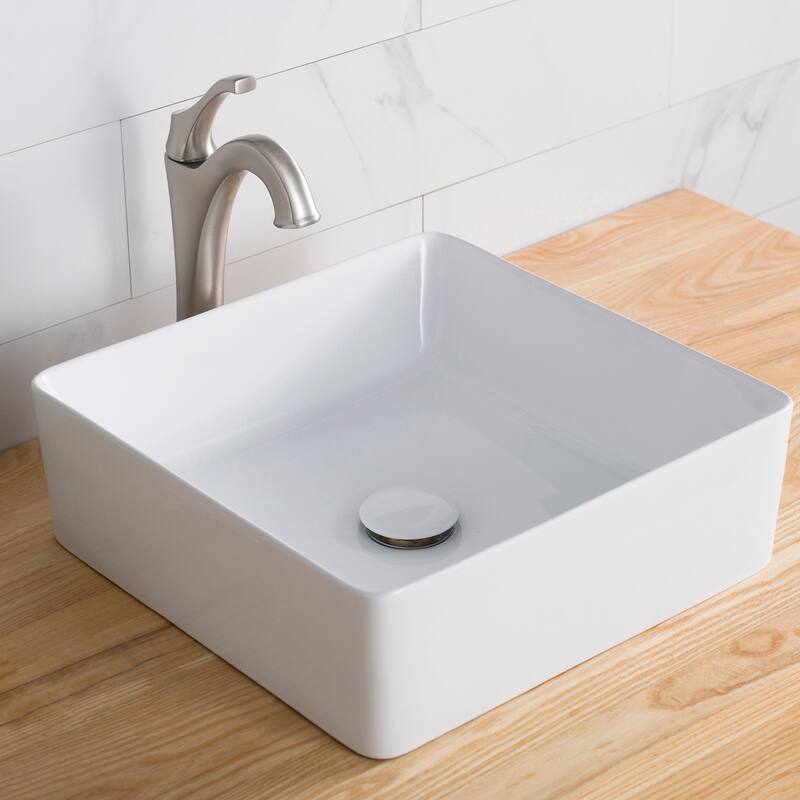 KRAUS 15 5/8 inch Viva Square White Ceramic Vessel Bathroom Sink