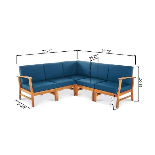 dimension image slide 1 of 6, Christopher Knight Home - Merritt Outdoor Sectional Sofa, 5-Seater V-Shaped with Acacia Wood with Water-Resistant Cushions