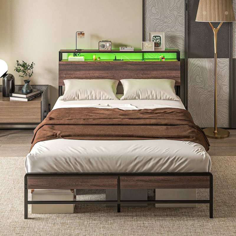 Queen Bed Frame with LED Lights, Charging Station, 3-Tier Storage Shelf, Steel Slats, No Box Spring Needed