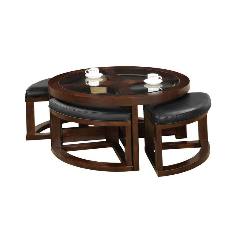 Glass and Wood Coffee Table With 4 Padded Ottomans in Walnut