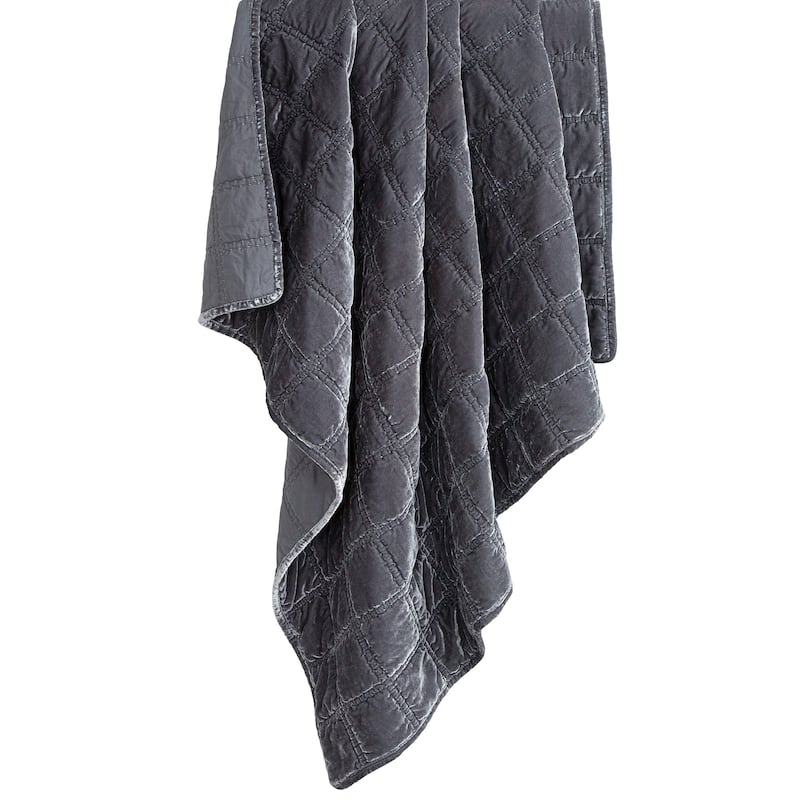 HiEnd Accents Stella Faux Silk Velvet Romantic Western Double Box Stitch Throw Blanket, 50"x60" - Slate