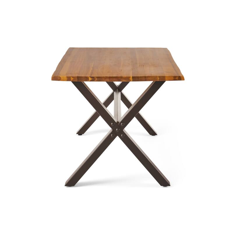 Roomfitters Rectangular Outdoor Dining Table, Wooden Patio Table with X-Shaped Metal Legs for Garden or Deck, Teak