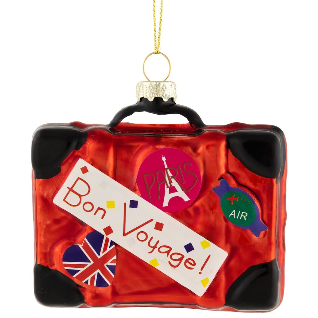 3.25" Shiny Red Bon Voyage Travel Suitcase Christmas Hanging Ornament