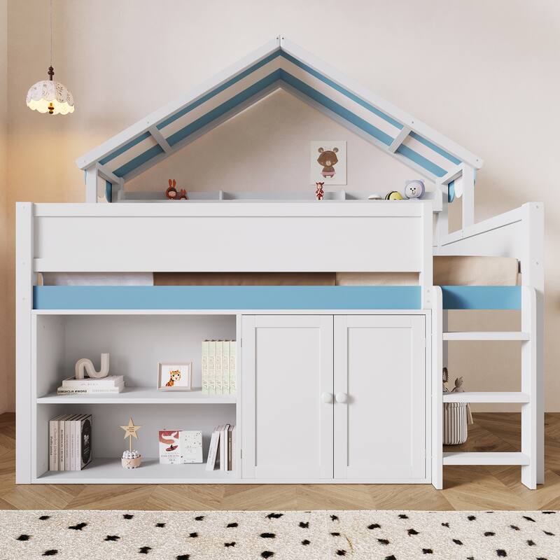 Full Size Loft Bed with Canopy Roof & Storage Cabinet - Space-Saving Study Bed