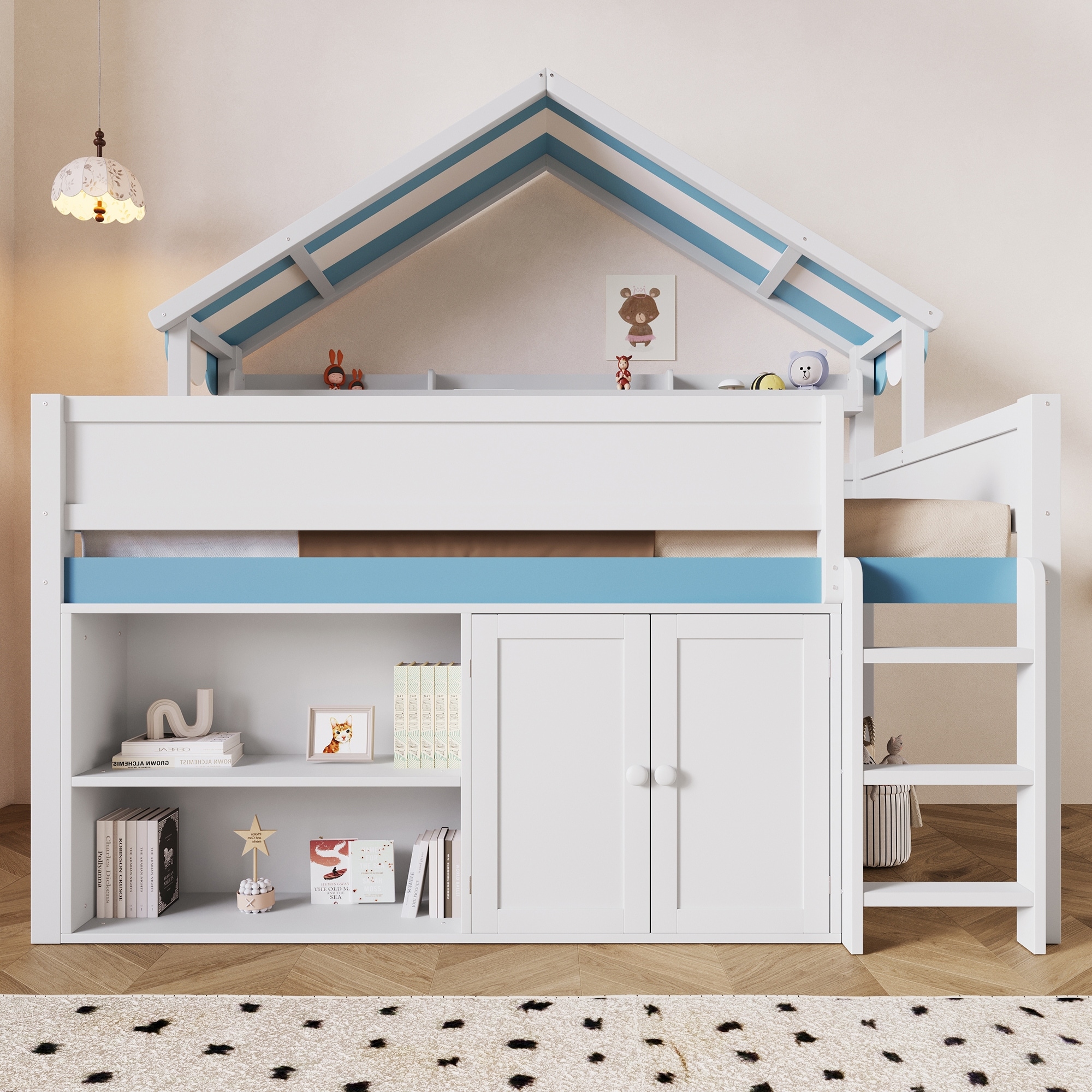 Full Size Loft Bed with Storage Cabinet and House-shaped Canopy Roof Built-in Storage Shelves
