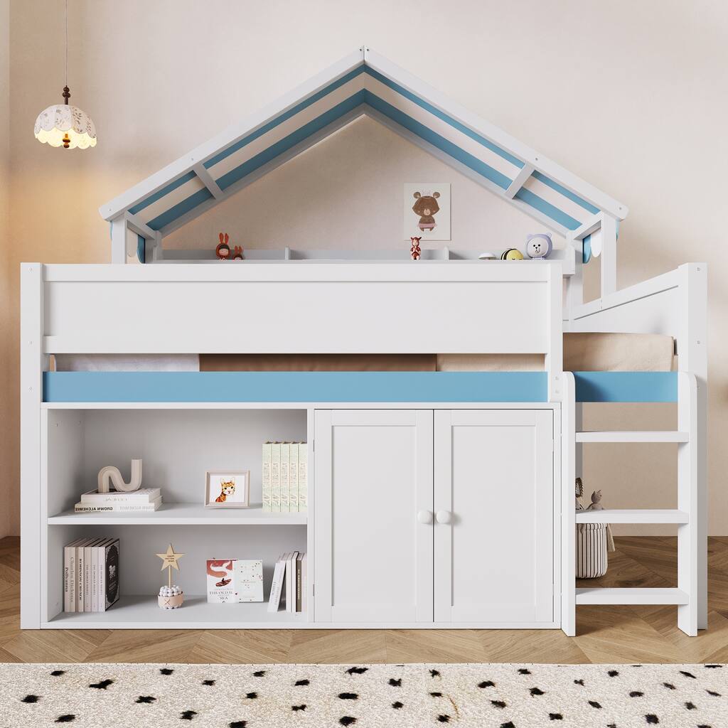 Full Size Loft Bed with Storage Cabinet and House-shaped Canopy Roof Built-in Storage Shelves