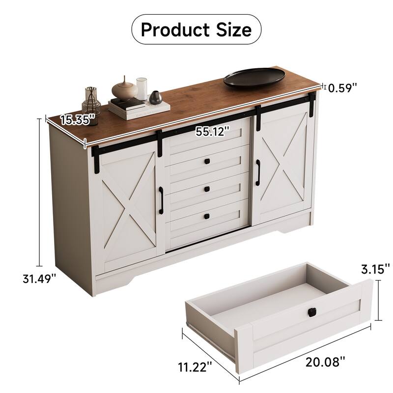 JASIWAY Barn Buffet Sideboard Cabinet with 2 Doors and 4 Drawers