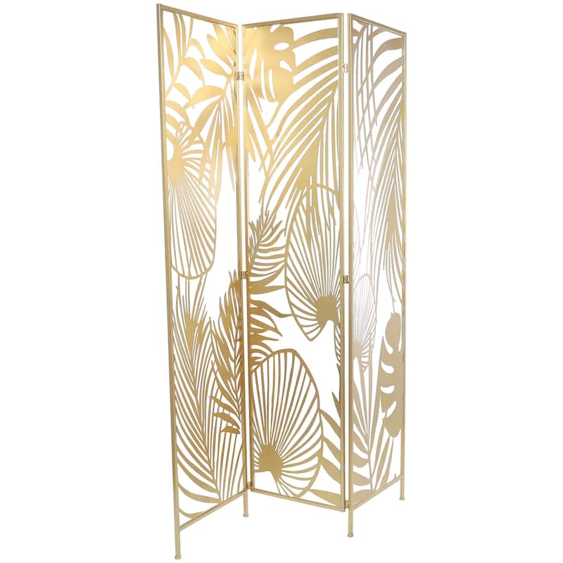 Metal Foldable Partition Cutout Palm Leaf 3 Panel Room Divider Screen - Gold - Roche River Decor - 1"Wx48"Lx71"H