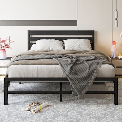 Platform Bed Frame with Wooden Headboard, Under Bed Storage, Non-Slip