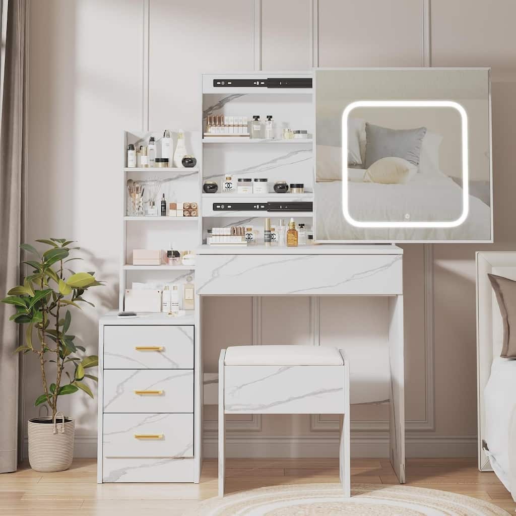 4 Drawers Dressing Table, Makeup Vanity Desk with 3 Color Adjustable Lights Mirror for Bedroom