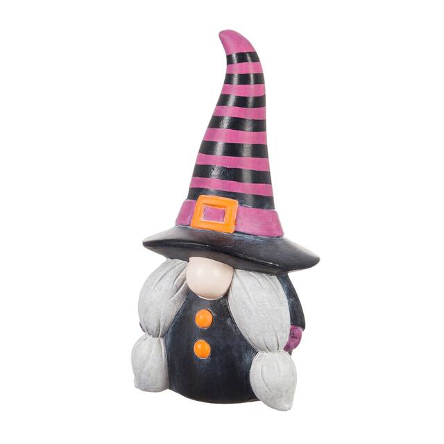 9"H Ceramic Witchy Gnome Garden Statuary with Purple and Black Striped Hat