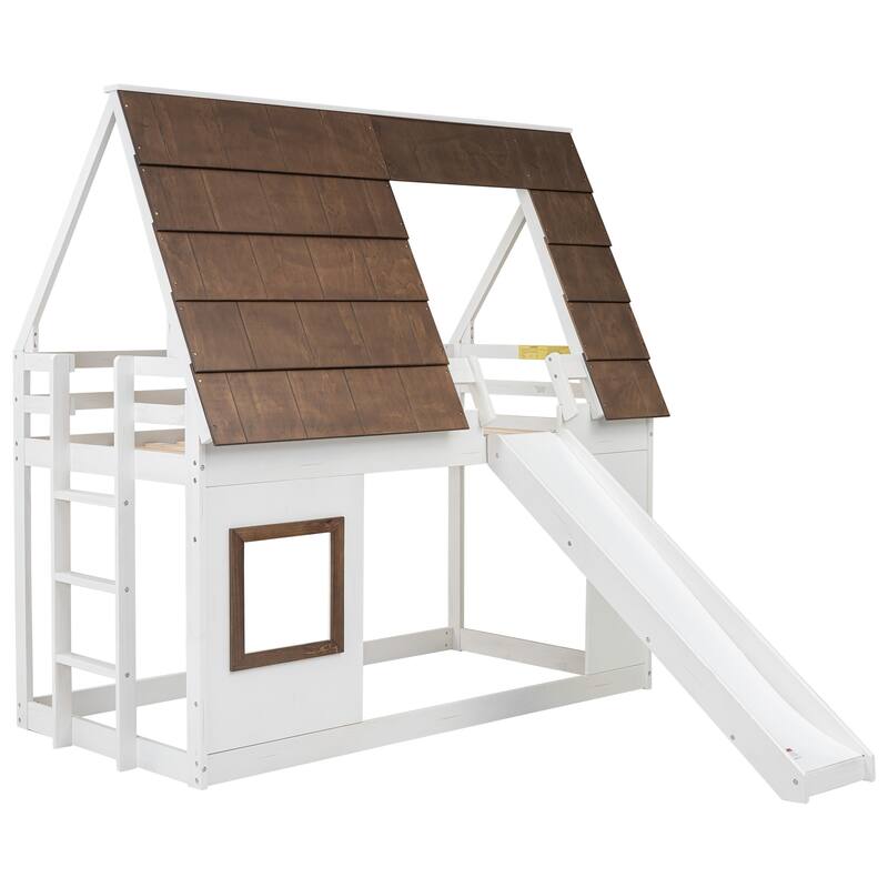 Wood House Bunk Bed with Roof