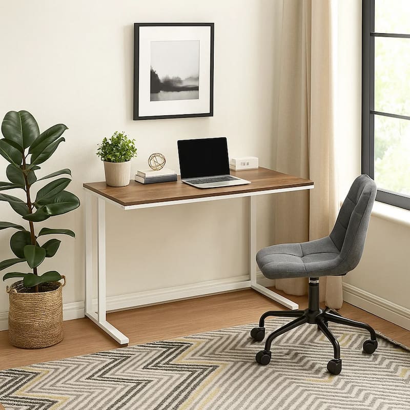 Writing Desk with Wooden Top and Built in USB Port, Brown and White