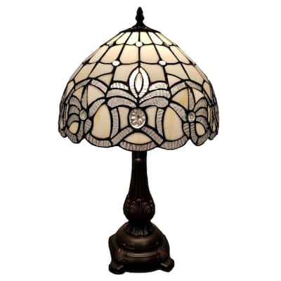 Tiffany Style Table Lamp 19" Tall Stained Glass White Floral Decor Nightstand Bedroom Handmade Gift Amora Lighting