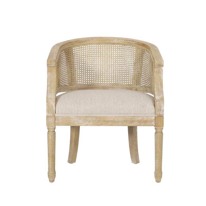 French-Style Accent Chair, Farmhouse Armchair with Rattan Backrest, Upholstered Side Chair with Wooden Frame