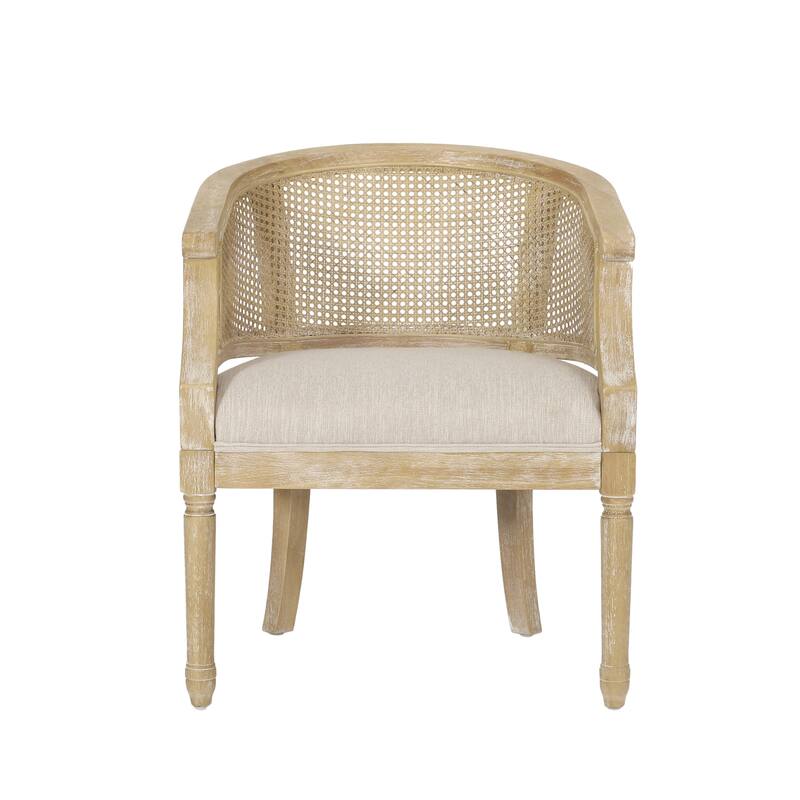 Roomfitters Rattan Accent Chair, Barrel Back Wood Frame with Upholstered Seat, Living Room Seating in Natural Finish