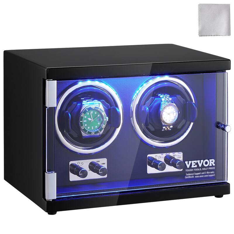 VEVOR Watch Winder with 1-8 for Men's and Women's Automatic Watches with Super Quiet Japanese Mabuchi Motors LED Lights - 2 Watches+2 Motors