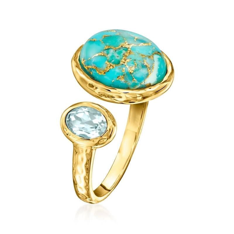 18K Yellow Gold Over Sterling Silver Blue Copper Turquoise, Sky Blue Topaz Ring