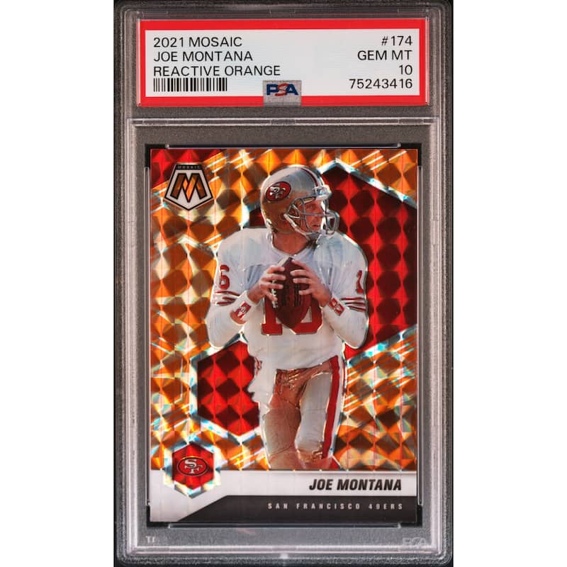 Joe Montana 2021 Panini Mosaic Reactive Orange Football Card #174 Graded PSA 10 - 8'6" x 11'6"