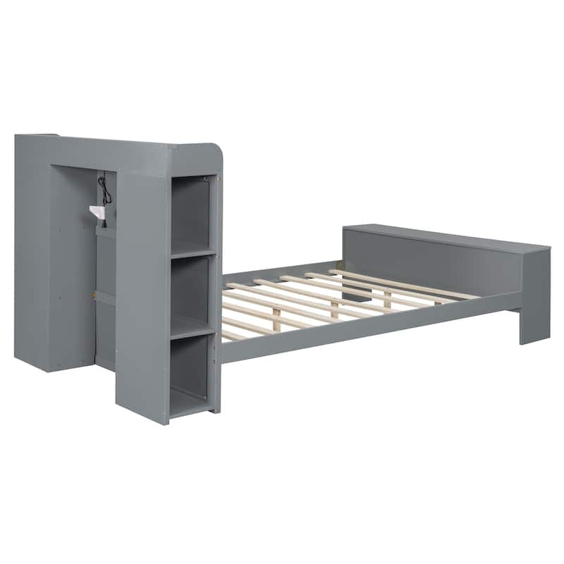 HomeRoots Gray Wood Full Bed Frame With LED Lighting And USB