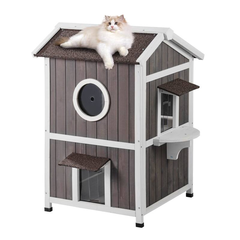Grey Wooden Double Layer Outdoor Cat House with Asphalt Roof and Flaps Door - 23” x 26” x 36”