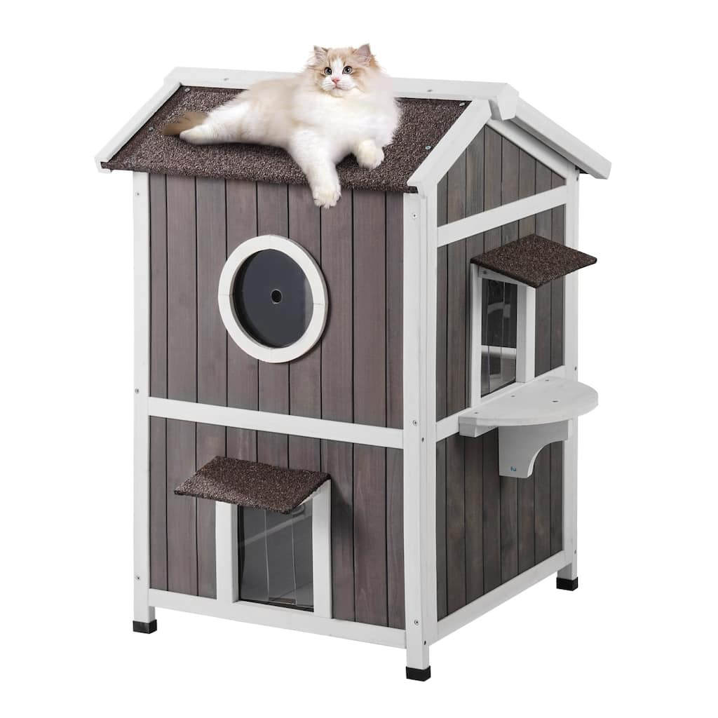 Grey Wooden Double Layer Outdoor Cat House with Asphalt Roof and Flaps Door - 23” x 26” x 36”