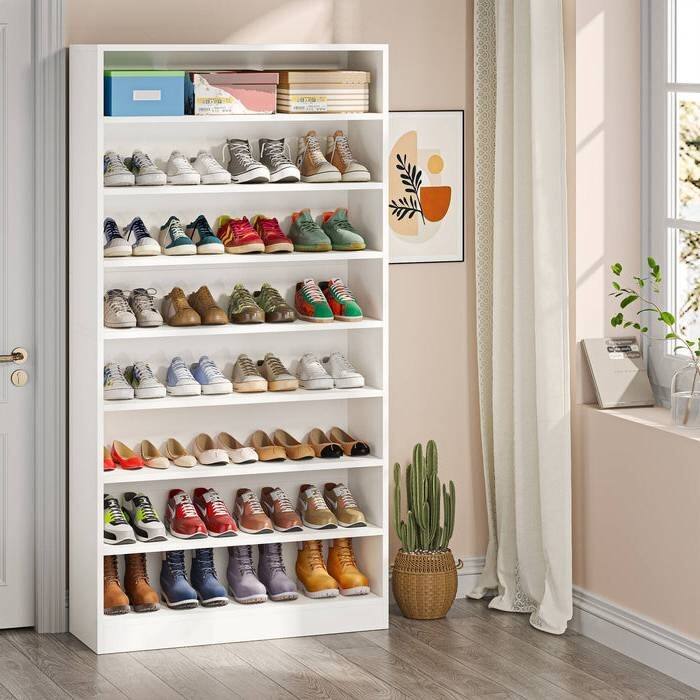 Tall Narrow White Shoe Cabinet with 9 Adjustable Tiers and Holds 45 Pairs Ideal for Entryway Closet