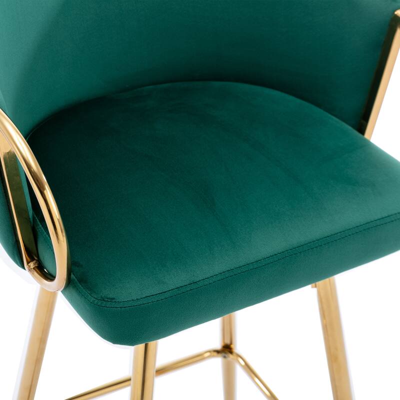 Velvet Bar Stools Set of 2, Counter Height Bar Chairs with Armrests, Kitchen Island Stools with Footrest and Golden Legs