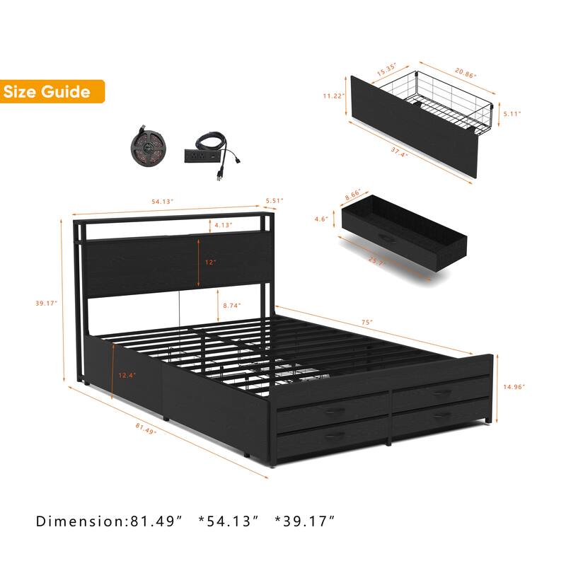 Black Platform Bed Metal Slat Support Frame with 8 Drawers, LED Headboard and Charging Station, No Box Spring Needed Storage Bed