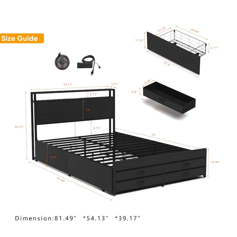 Full Size Bed Frame with 8 Storage Drawers, LED Headboard with Charging Station, Metal Platform Bed Frame, No Box Spring Needed