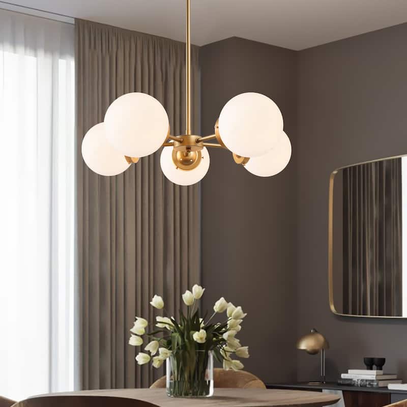 Cionar Mid-century Modern 5-Light Sputnik Dining Room Chandelier Wheel Kitchen Pendant with Orb Frosted Glass - D24" x H 69"