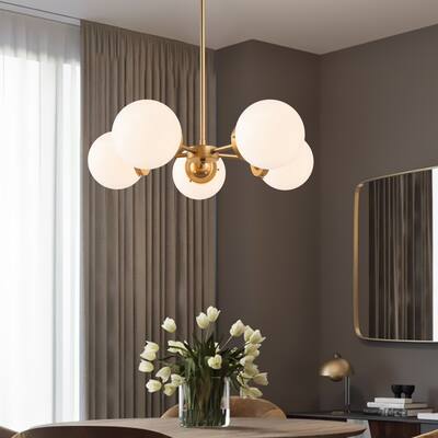Cionar Modern Transitional 5-Light Gold Chandelier Wheel Sputnik Orb Frosted Glass for Dining Room - D24" x H 69"