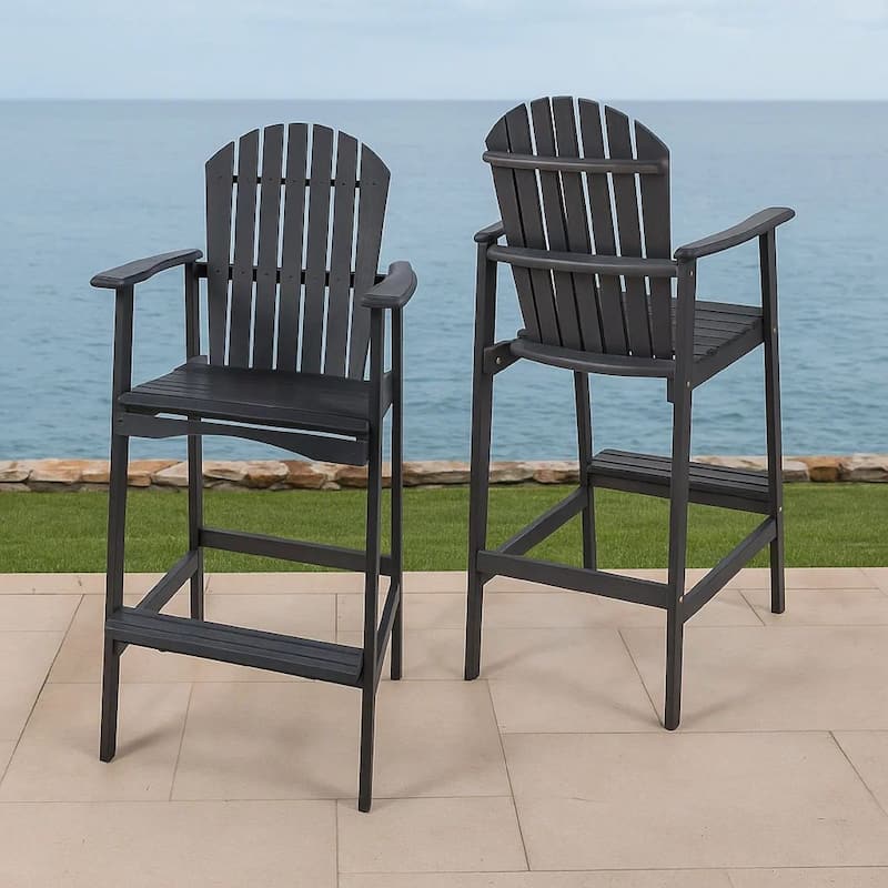 Outdoor Barstool Chair Set of 2, Rustic Slatted Back, Dark Gray Wood