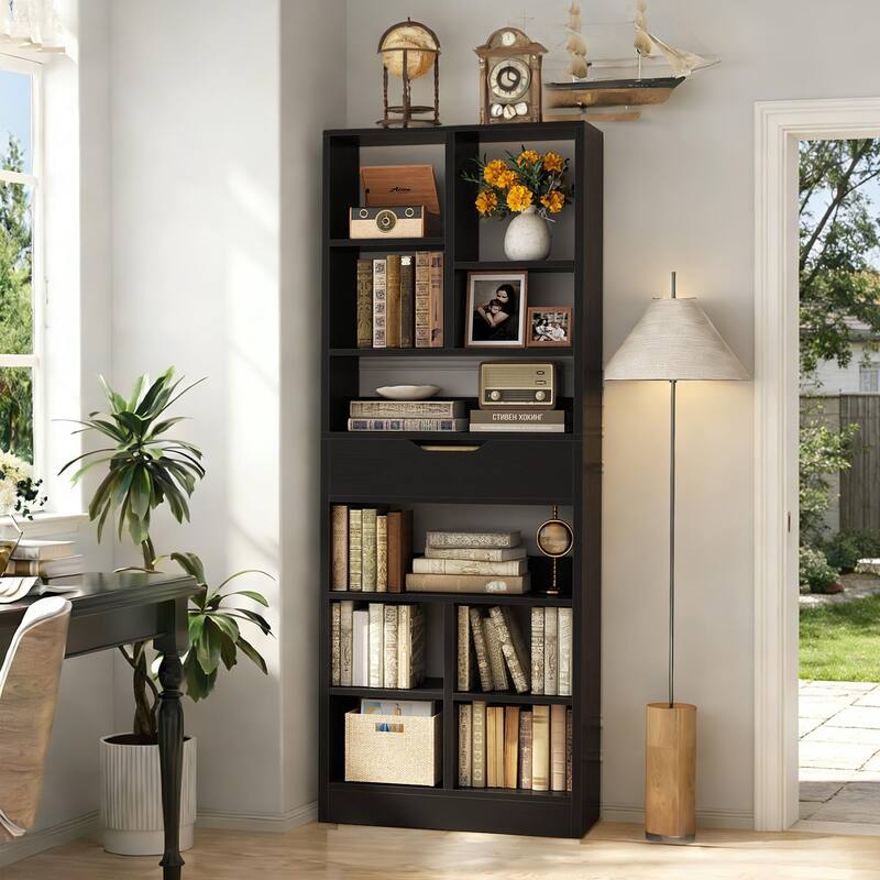 Freestanding 74" Tall Bookcase with Drawer,8-Tier Bookshelf Open Display Shelves for Living Room Home Office, Bedroom - Black
