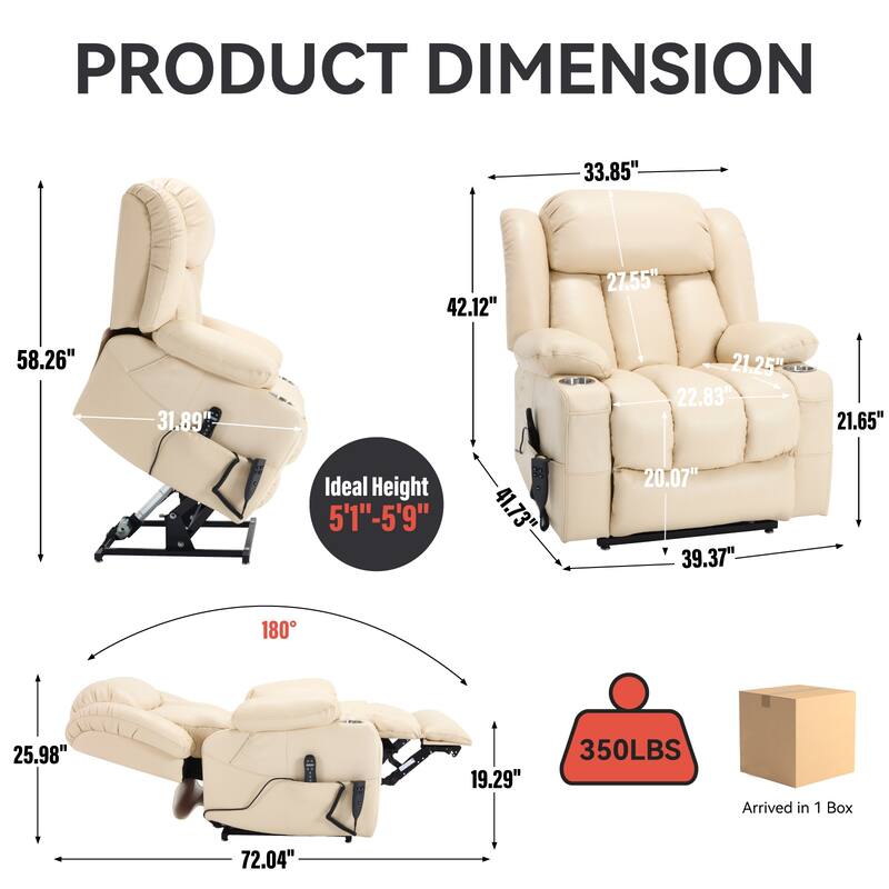 Dual Motor Faux Leather Power Lift Recliner Chair for Adult, Lazy Single Recliner Sofa w/Massage and Lumbar Heat & Cup Holders