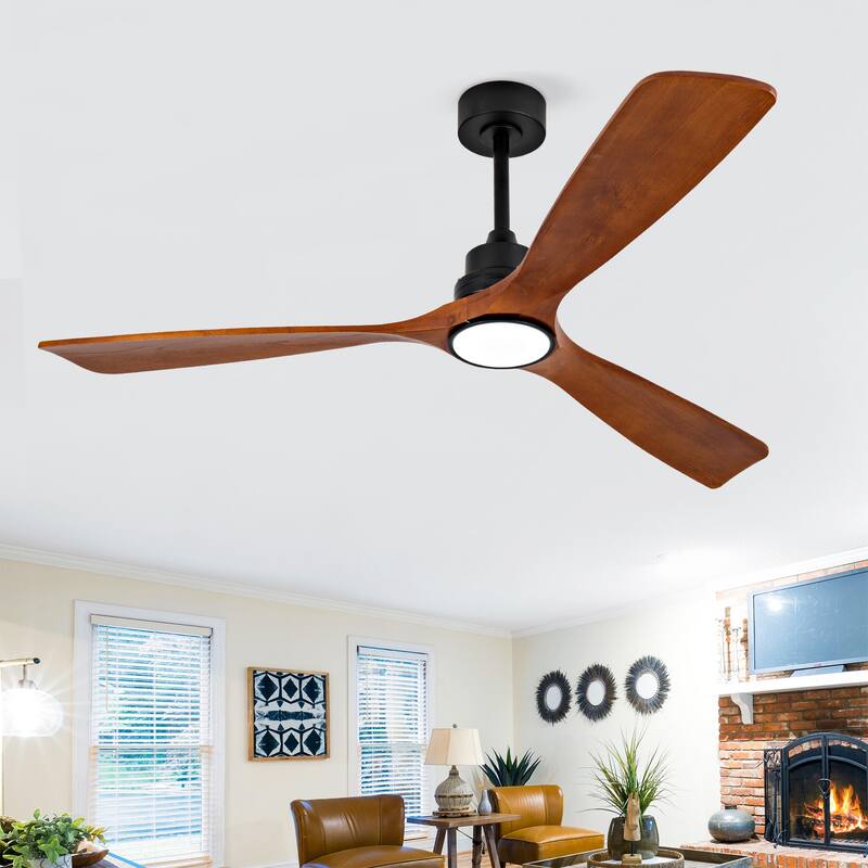 60 Inch Ceiling Fan With 18W Led Light 3 Solid Wood Blades Remote Control Reversible DC Motor For Home - Black + Dark Walnut
