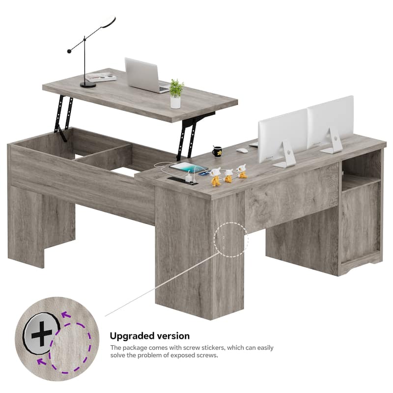 Modern Farmhouse Lift Top L-Shaped Desk with Charge Station, Corner Desk with File Drawers for Home Office