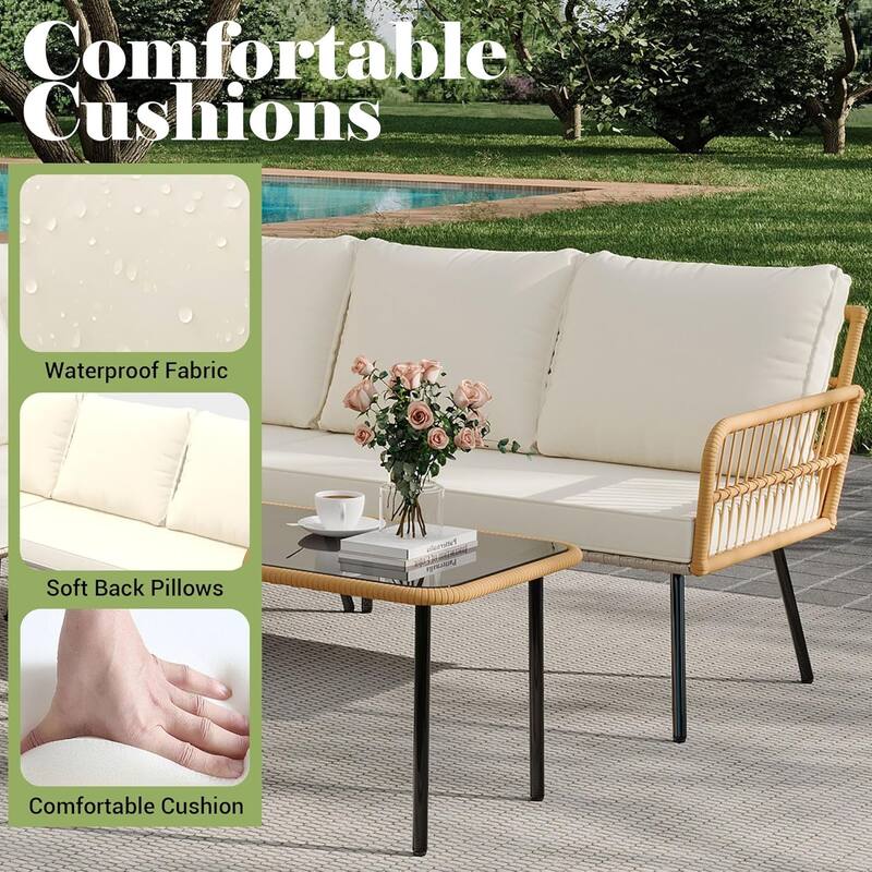 4-Pieces Outdoor Patio Furniture Set, L-Shaped Sectional Sofa