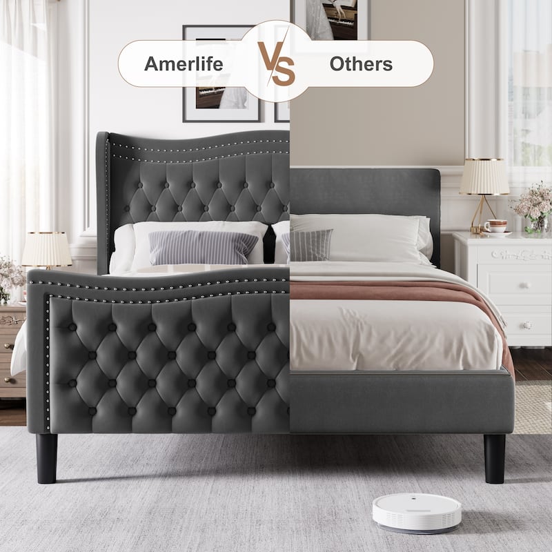 Full Size Tufted Wingback Bed Grey Velvet Upholstered Platform Bed with Solid Wood Slat Support Frame and Nailhead Trim