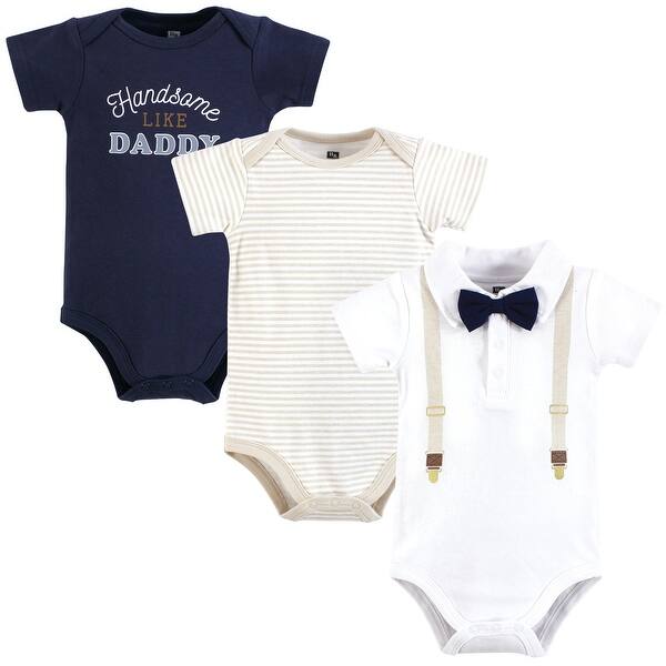 slide 1 of 1, Hudson Baby Infant Boy Cotton Bodysuits, Beige Navy Suspender 0-3 Months - Beige Navy Suspender