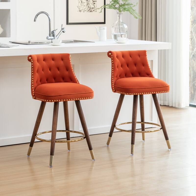 Set of 2 Button-Tufted Counter Stools with Nailhead Trim