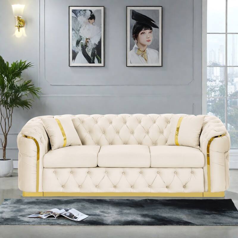 90.6" Velvet 3-Seater Sofa with 2 Pillows High-Density Cushions, Gold Accents, and Pillows - Beige