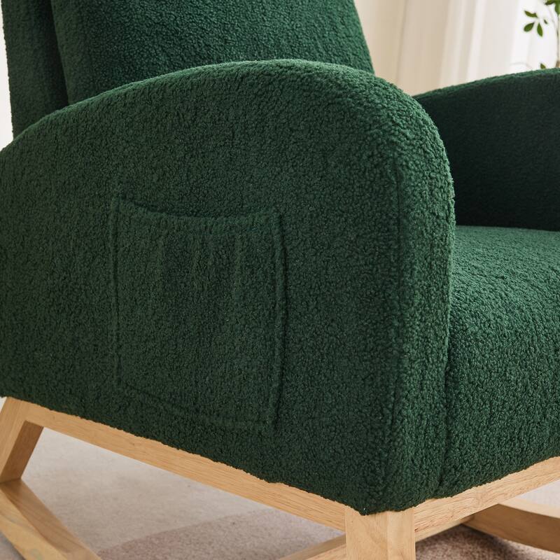 27.2"W Rocking Chair, Sherpa Glider Chair with High Back Side Pocket, Rocking Accent Armchair with Rubber Wood Legs