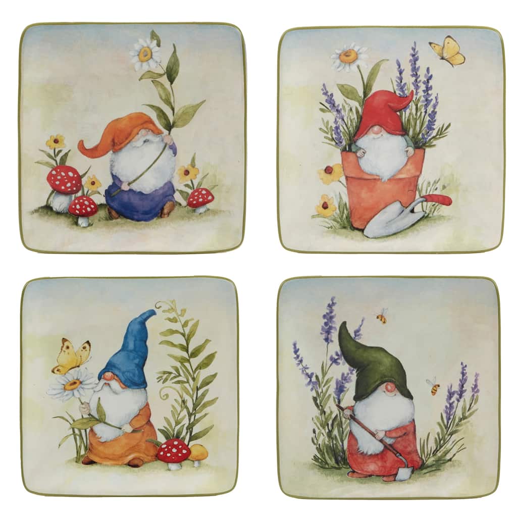 Certified International Garden Gnomes 6" Canape/Luncheon/Appetiser Plates, Set of 4 Assorted Designs - 11' x 11'