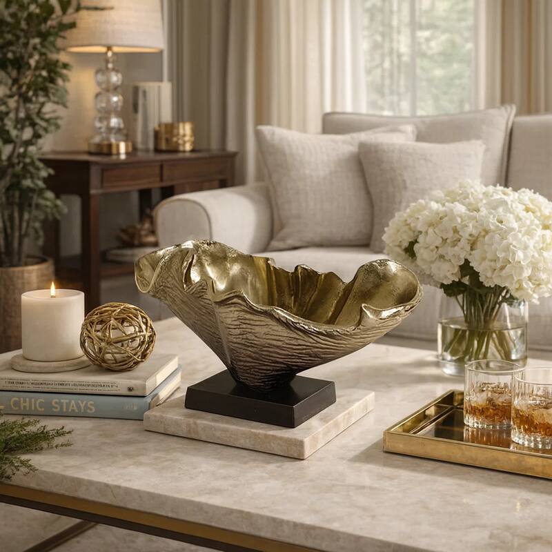 15 Inch Curved Shell Decorative Bowl, Aluminum, Square Base, Gold and Black