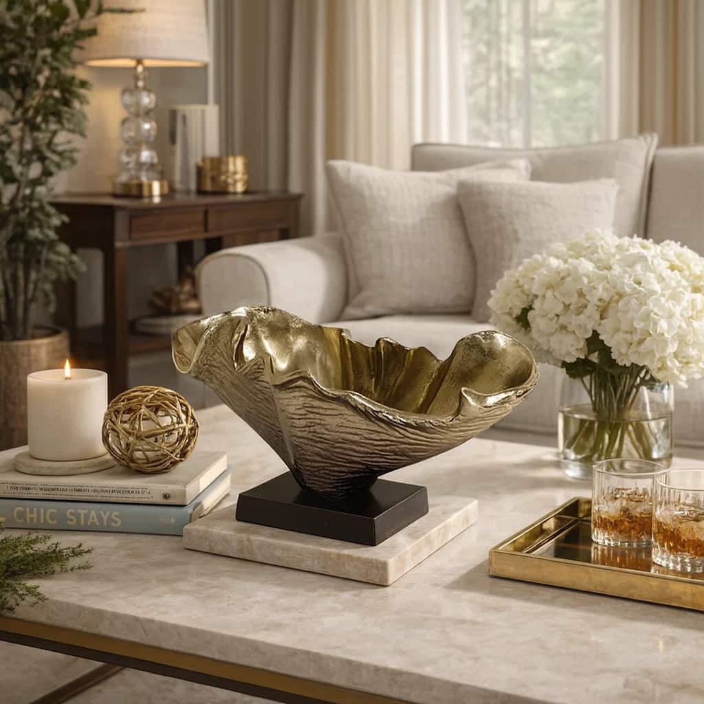 15 Inch Curved Shell Decorative Bowl, Aluminum, Square Base, Gold and Black